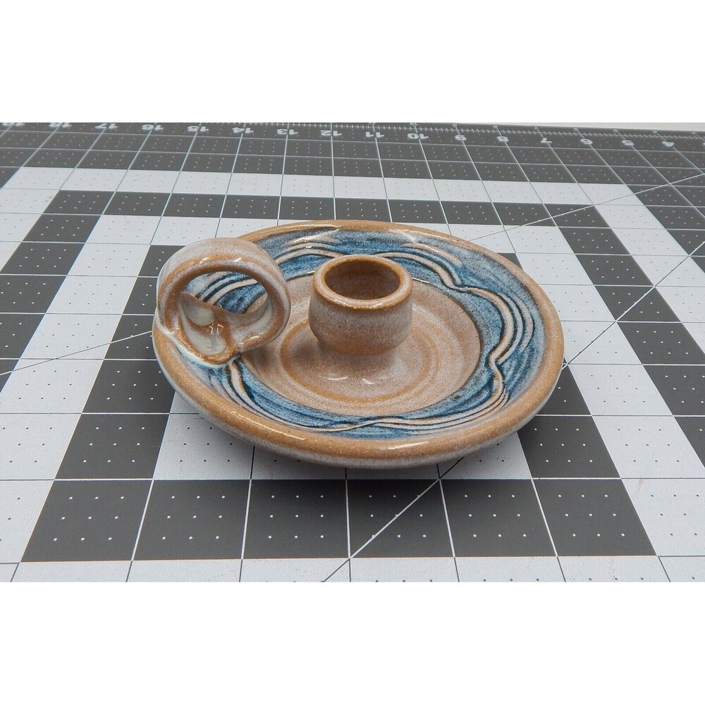 Suzanne Kent Art Pottery Chamber Stick Blue Candle Holder Taper Signed 5 In Wide